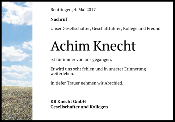 Anzeige von Achim Knecht von Reutlinger General-Anzeiger