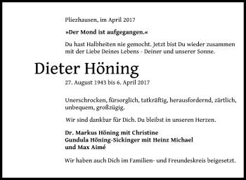 Anzeige von Dieter Höfling von Reutlinger General-Anzeiger