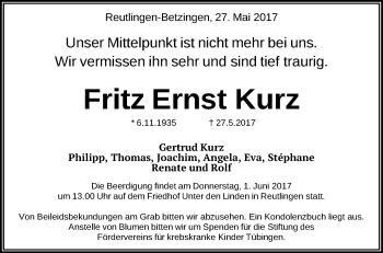 Anzeige von Fritz Ernst Kurz von Reutlinger General-Anzeiger
