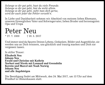 Anzeige von Peter Neu von Reutlinger General-Anzeiger
