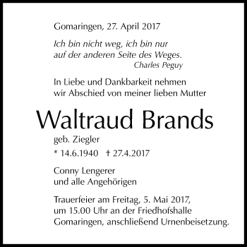 Anzeige von Waltraud Brands von Reutlinger General-Anzeiger