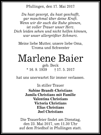 Anzeige von Marlene Baier von Reutlinger General-Anzeiger