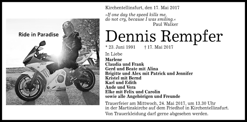  Traueranzeige für Dennis Rempfer vom 22.05.2017 aus Reutlinger General-Anzeiger