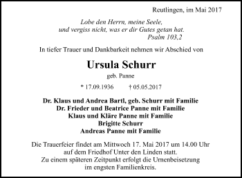 Anzeige von Ursula Schurr von Reutlinger General-Anzeiger