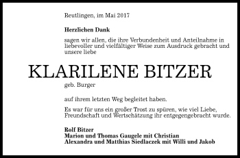 Anzeige von Klarilene Bitzer von Reutlinger General-Anzeiger