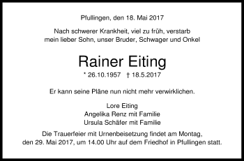 Anzeige von Rainer Eiting von Reutlinger General-Anzeiger