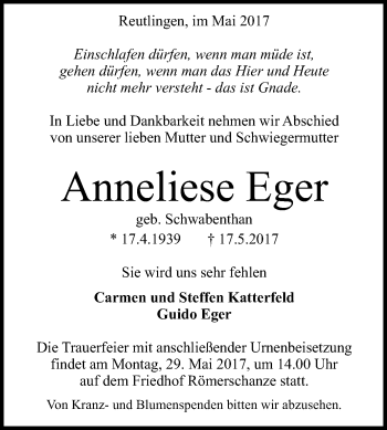 Anzeige von Anneliese Eger von Reutlinger General-Anzeiger