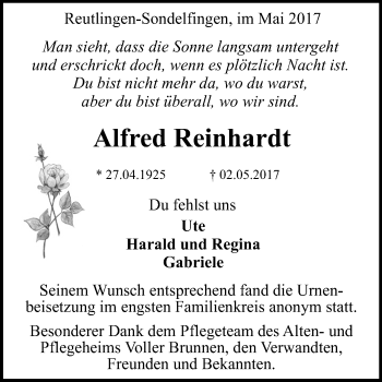 Anzeige von Alfred Reinhardt von Reutlinger General-Anzeiger