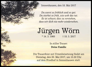 Anzeige von Jürgen Wörn von Reutlinger General-Anzeiger