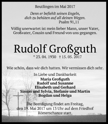 Anzeige von Rudolf Großguth von Reutlinger General-Anzeiger