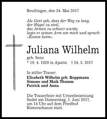 Anzeige von Juliana Wilhelm von Reutlinger General-Anzeiger