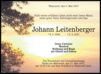 Anzeige von Johann Leitenberger von Reutlinger General-Anzeiger