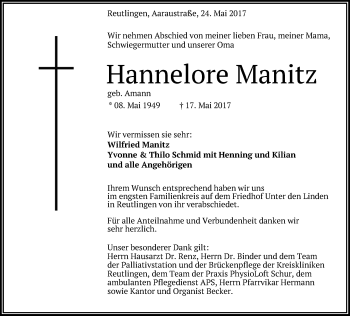 Anzeige von Hannelore Manitz von Reutlinger General-Anzeiger