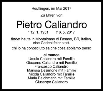 Anzeige von Pietro Caliandro von Reutlinger General-Anzeiger