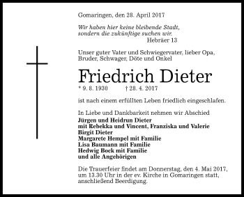 Anzeige von Friedrich Dieter von Reutlinger General-Anzeiger