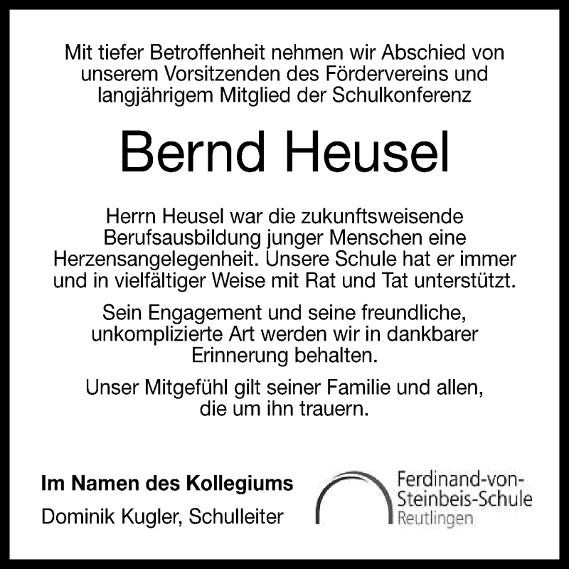  Traueranzeige für Bernd Heusel vom 17.05.2017 aus Reutlinger General-Anzeiger