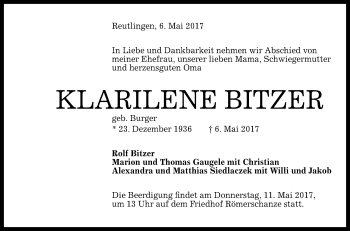 Anzeige von Klarilene Bitzer von Reutlinger General-Anzeiger