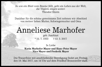 Anzeige von Anneliese Marhofer von Reutlinger General-Anzeiger