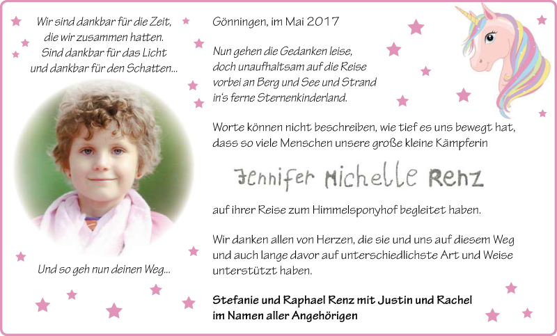  Traueranzeige für Jennifer Michelle Renz vom 11.05.2017 aus Reutlinger General-Anzeiger