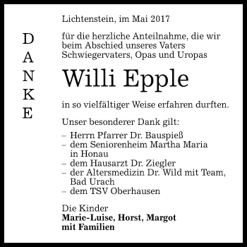 Anzeige von Willi Epple von Reutlinger General-Anzeiger