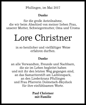 Anzeige von Lore Christner von Reutlinger General-Anzeiger
