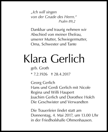 Anzeige von Klara Gerlich von Reutlinger General-Anzeiger