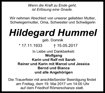 Anzeige von Hildegard Hummel von Reutlinger General-Anzeiger