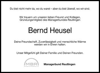 Anzeige von Bernd Heusel von Reutlinger General-Anzeiger