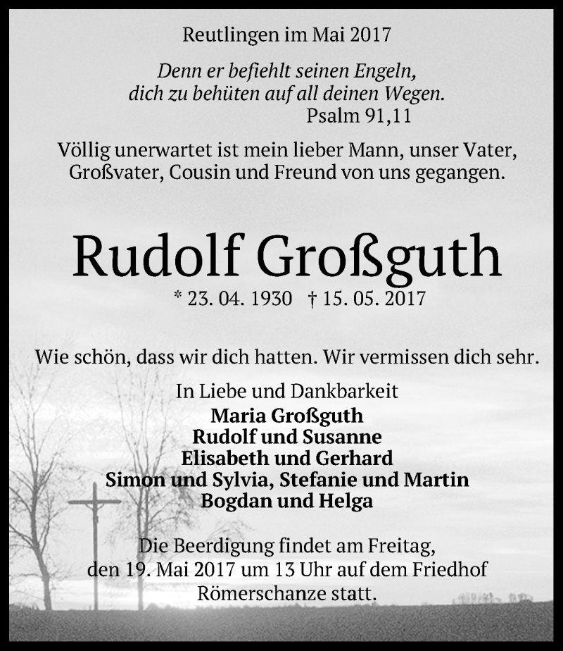  Traueranzeige für Rudolf Großguth vom 18.05.2017 aus Reutlinger General-Anzeiger