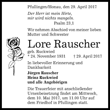 Anzeige von Lore Rauscher von Reutlinger General-Anzeiger