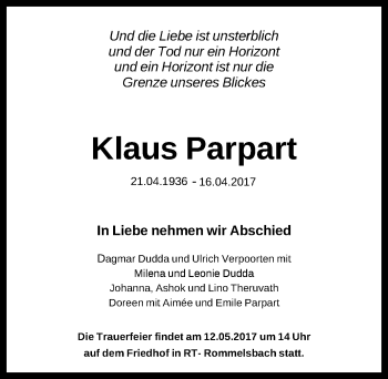 Anzeige von Klaus Parpart von Reutlinger General-Anzeiger