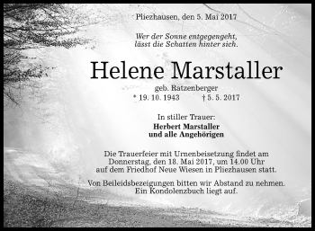 Anzeige von Helene Marstaller von Reutlinger General-Anzeiger