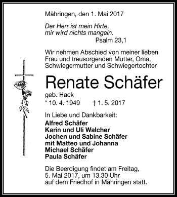 Anzeige von Renate Schäfer von Reutlinger General-Anzeiger