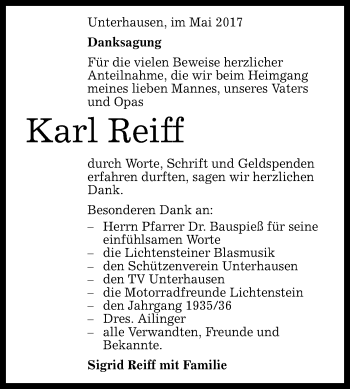 Anzeige von Karl Reiff von Reutlinger General-Anzeiger