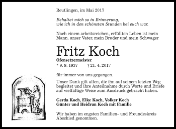 Anzeige von Fritz Koch von Reutlinger General-Anzeiger