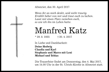 Anzeige von Manfred Katz von Reutlinger General-Anzeiger
