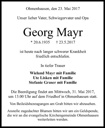 Anzeige von Georg Mayr von Reutlinger General-Anzeiger