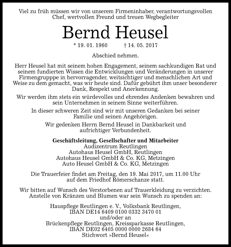  Traueranzeige für Bernd Heusel vom 16.05.2017 aus Reutlinger General-Anzeiger