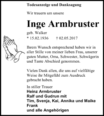 Anzeige von Inge Armbruster von Reutlinger General-Anzeiger