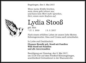 Anzeige von Lydia Stooß von Reutlinger General-Anzeiger