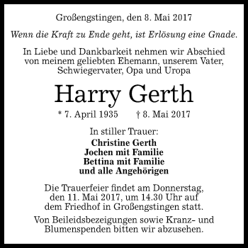 Anzeige von Harry Gerth von Reutlinger General-Anzeiger