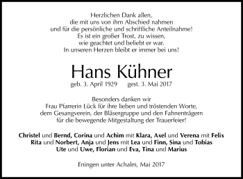 Anzeige von Hans Kühner von Reutlinger General-Anzeiger
