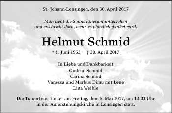 Anzeige von Helmut Schmid von Reutlinger General-Anzeiger