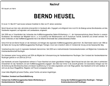 Anzeige von Bernd Heusel von Reutlinger General-Anzeiger