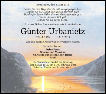 Anzeige von Günter Urbanietz von Reutlinger General-Anzeiger
