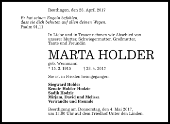 Anzeige von Marta Holder von Reutlinger General-Anzeiger