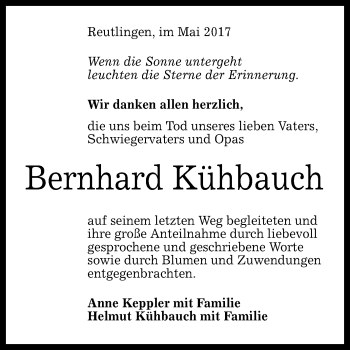 Anzeige von Bernhard Kühbauch von Reutlinger General-Anzeiger