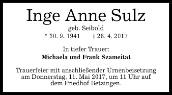 Anzeige von Inge Anne Sulz von Reutlinger General-Anzeiger