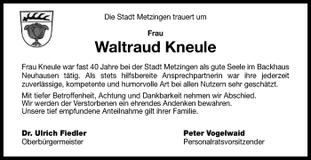 Anzeige von Waltraud Kneule von Reutlinger General-Anzeiger