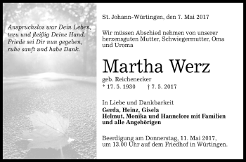 Anzeige von Martha Werz von Reutlinger General-Anzeiger